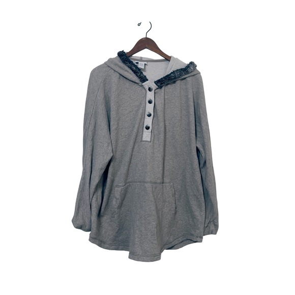 Soft Surroundings Tops - Soft Surroundings Womens Grey Faux Fur Trim‎ Button Hoodie 2X Plus Size Pullover